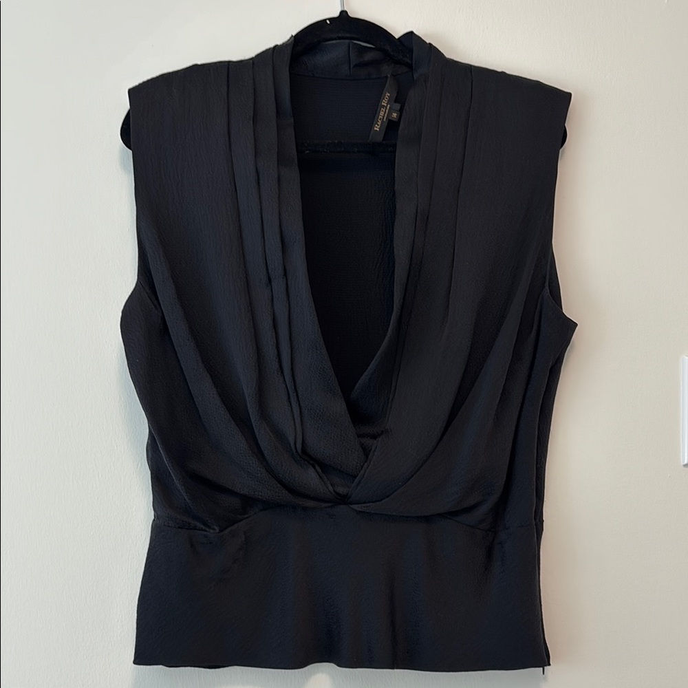 RACHEL Rachel Roy Black Draped Silk Blouse with Elegant V-Neck